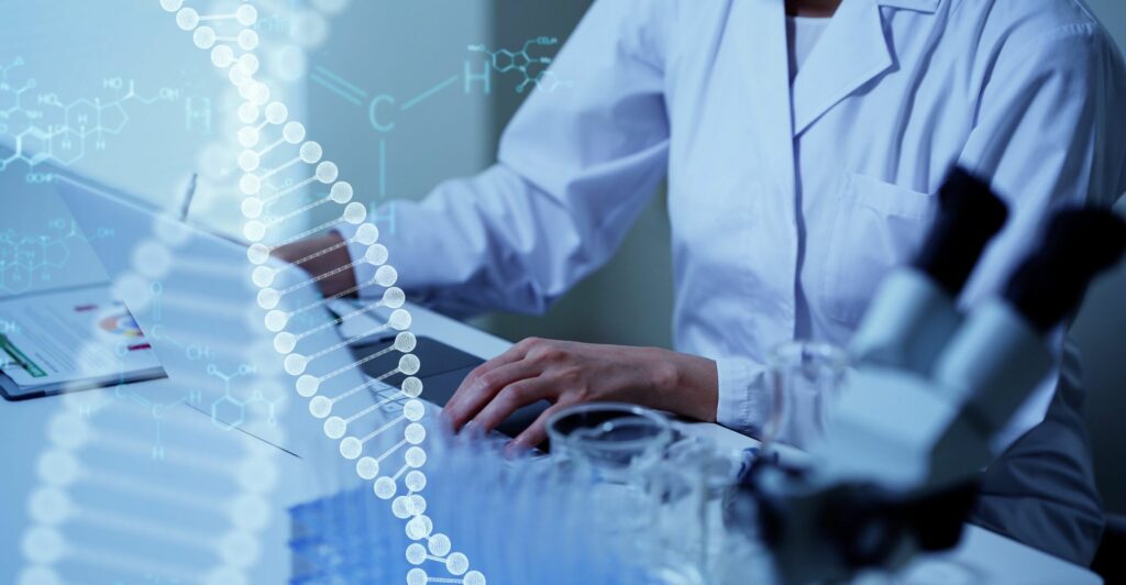 photo of a doctor and a genetic strand